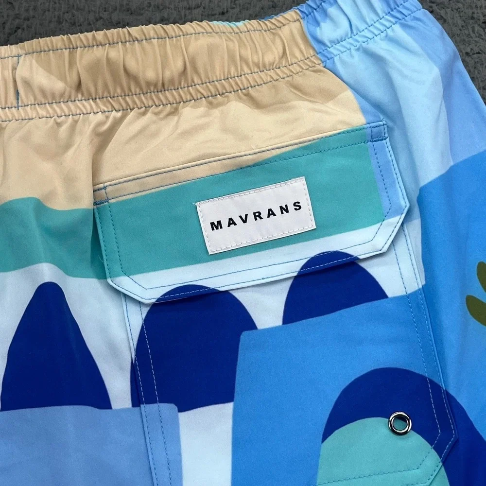 MAVRANS Mens Moroccan Swim Shorts XXL Blue Print Elastic‎ Waist Drawstring NEW